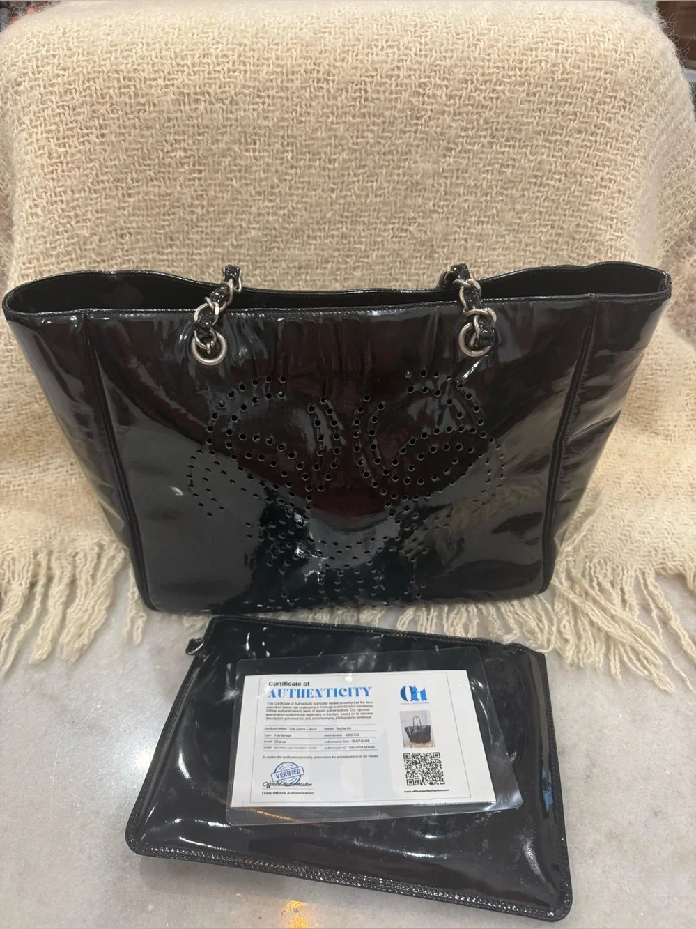 CHANEL Coco Mark Triple Punching Chain Shoulder Bag Tote Patent Leather